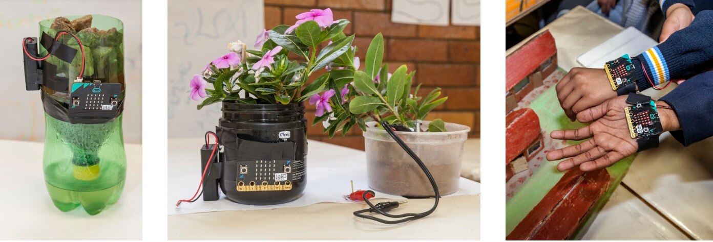 Micro:bit inventions by students, aimed at tackling water irrigation, light monitoring for crops, and step-counting to measure physical activity Micro:bit inventions by students, aimed at tackling water irrigation, light monitoring for crops, and step-counting to measure physical activity