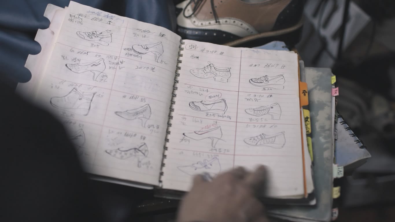 A sketchbook of designs for handmade shoes.